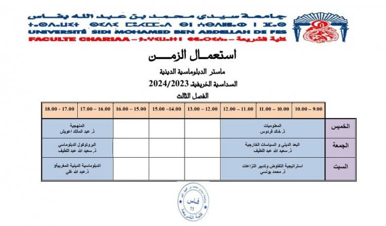 استعمال الزمن ماستر الدبلوماسية الدينية الفصل الثالث