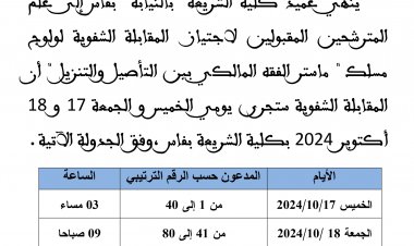 لائحة المترشحين المقبولين لاجتياز المقابلة الشفوية لولوج مسلك ماستر الفقه المالكي بين التأصيل" والتنزيل" برسم السنة الجامعية 2025-2024