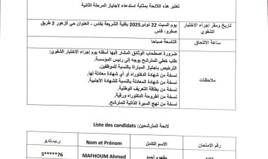 لائحة المترشحين المدعوين لاجتياز المرحلة الثانية الخاص بمباراة التوظيف في إطار أستاذ محاضر الدرجة أ تخصص المعاملات المالية 2005-10-10 دورة